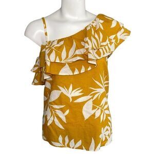 Womens Old Navy Mustard Yellow Asymmetrical Sleeve Ruffle Linen Blend Top sz S‎